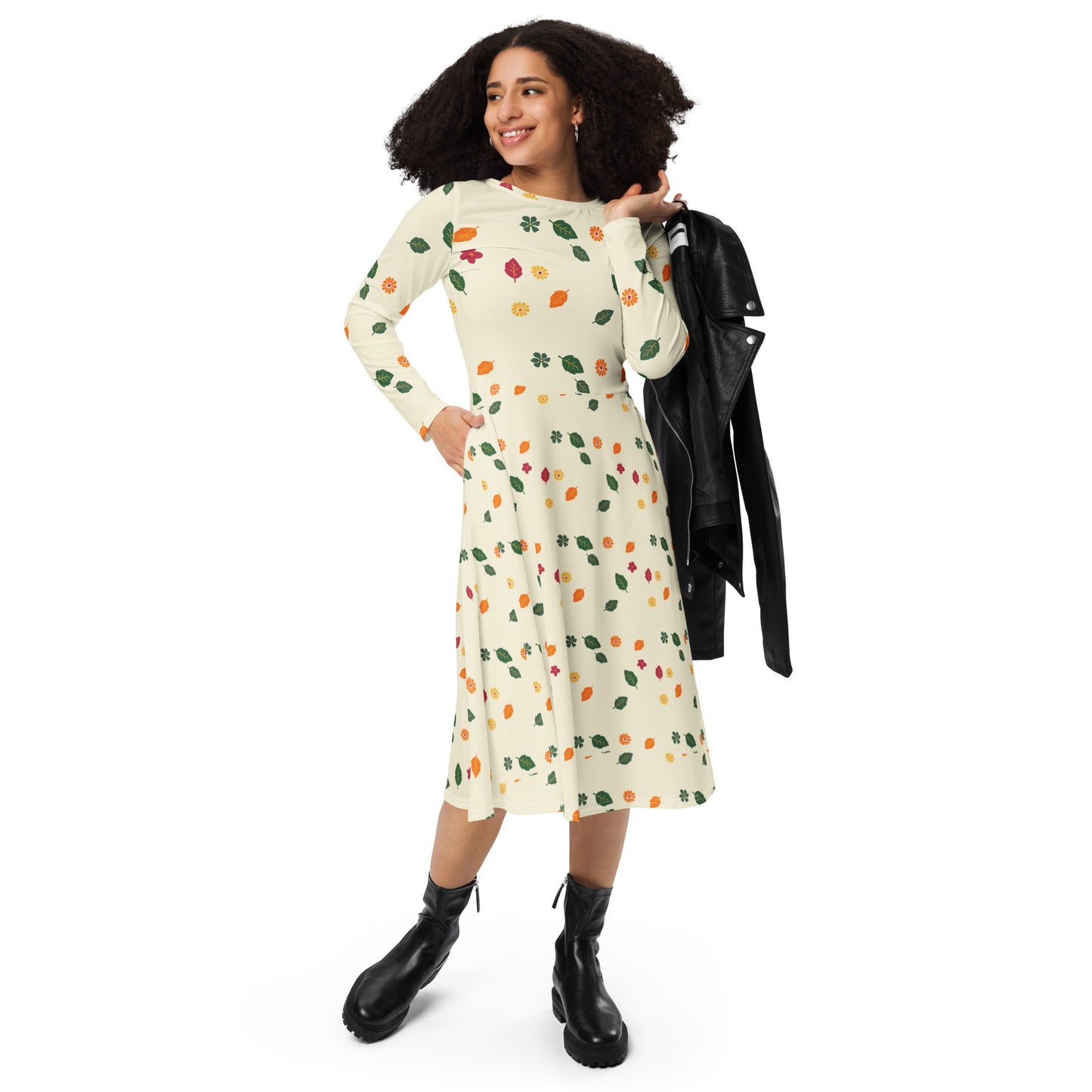 Spring flowers long sleeve midi dress