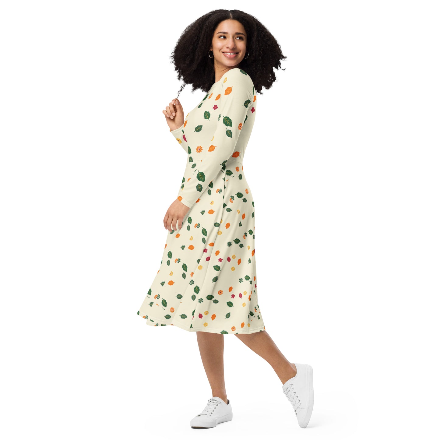 Spring flowers long sleeve midi dress