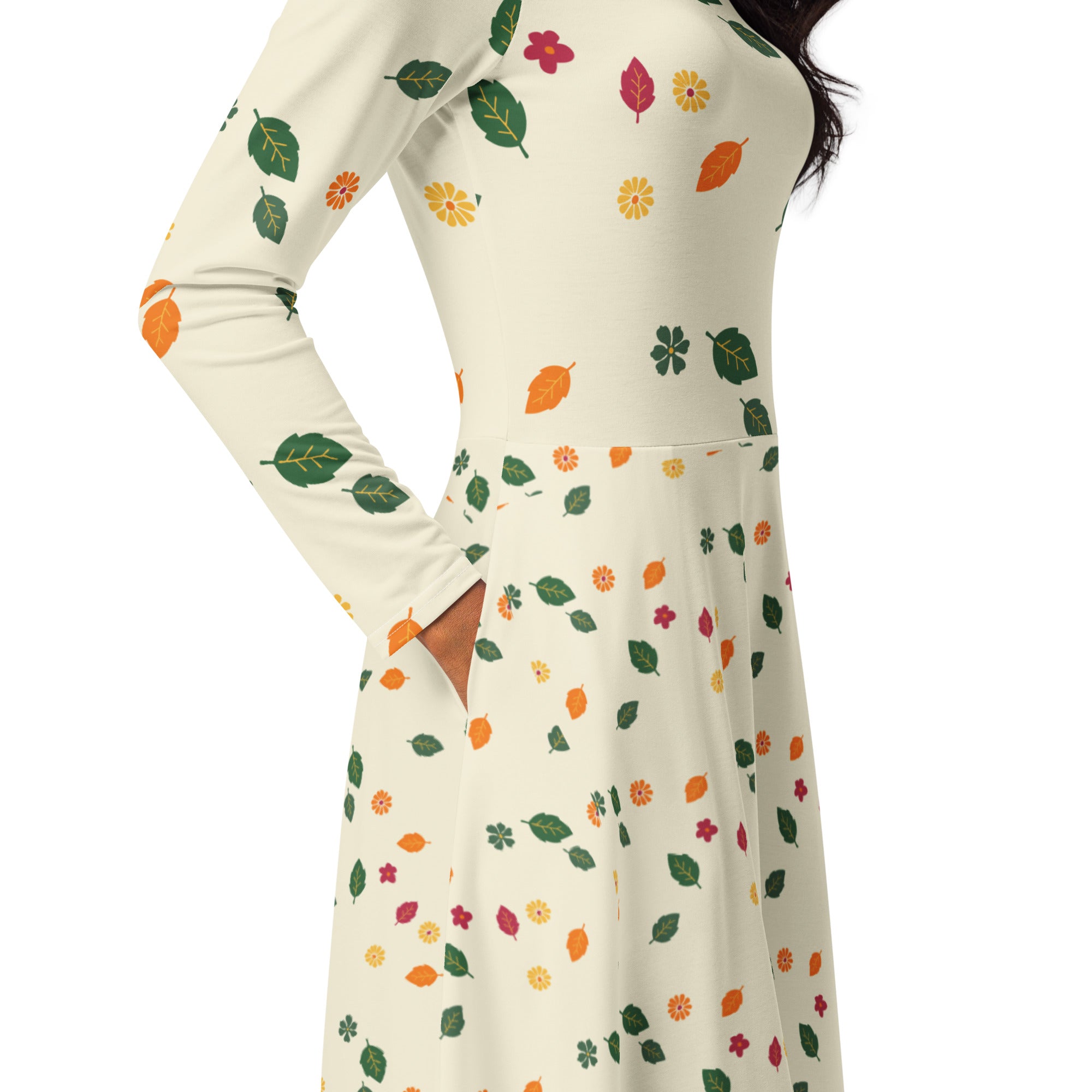 Spring flowers long sleeve midi dress