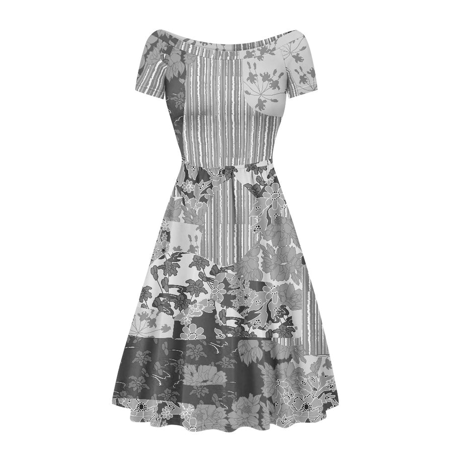 Gray off shoulder short sleeved dress — limited edition artist-designed footwear by Edición Especial, Saint Paul MN — image 2