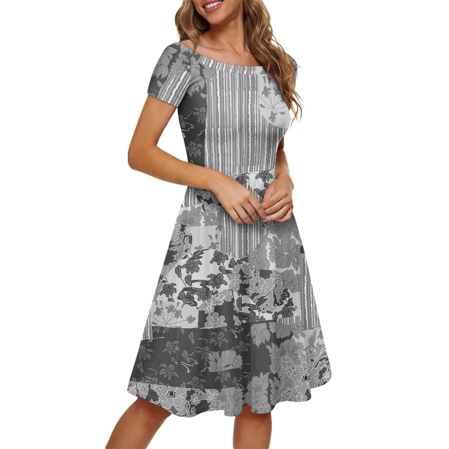 Gray off shoulder short sleeved dress — limited edition artist-designed footwear by Edición Especial, Saint Paul MN — image 1